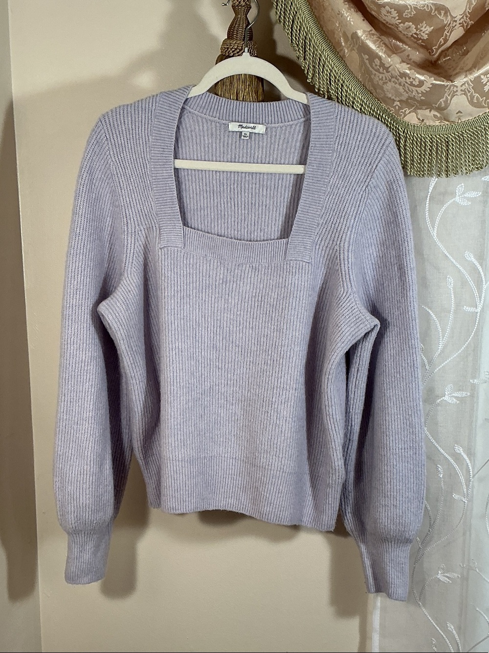 Madewell Pastel Lilac Square-Neck Ribbed Sweater Sz XL Puff sleeves Wool blend